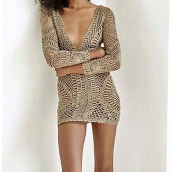 Free People Flook Amara Dress Mini Crochet Lined Empire Waist Cocoa Taupe